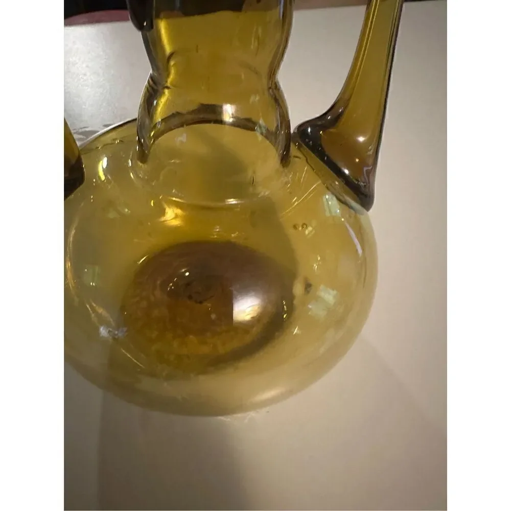 Vintage Cruet Side Spout Amber Glass Decanter  Pitcher Handblown & 2 Glasses MCM
